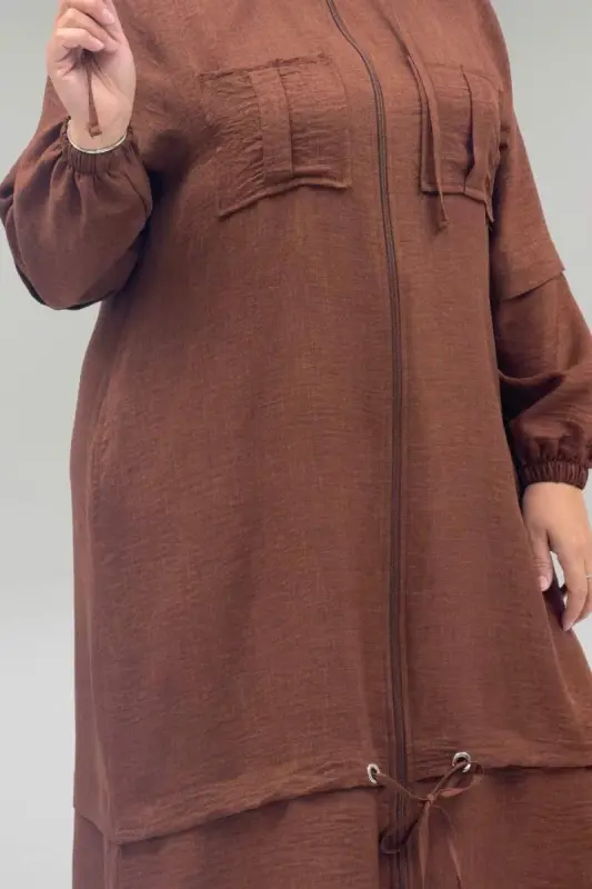 63012 Plus Size Elastic Sleeve Hooded Melange Linen Coat - Tan - 2