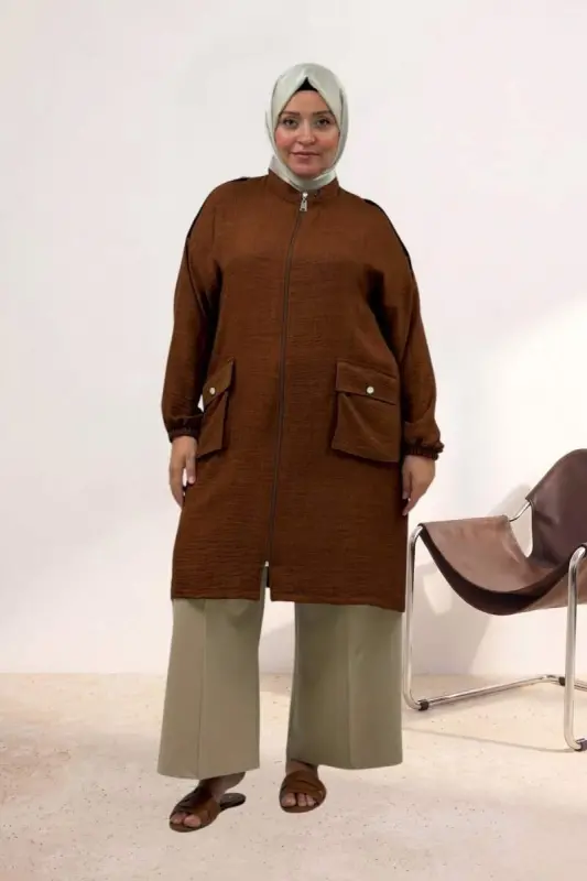 63014 Plus Size Shoulder Epaulet Detailed Melange Linen Coat - Brown - BÜYÜKBEDENIZ