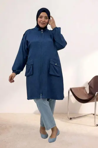 63014 Plus Size Shoulder Epaulette Detailed Melange Linen Coat - Indigo - 1