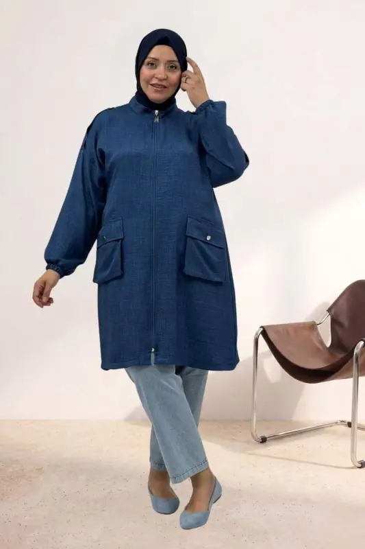 63014 Plus Size Shoulder Epaulette Detailed Melange Linen Coat - Indigo - 1