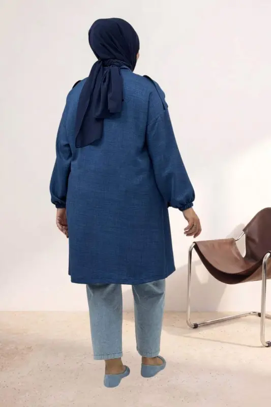 63014 Plus Size Shoulder Epaulette Detailed Melange Linen Coat - Indigo - 3