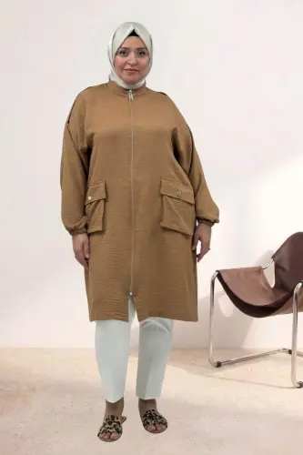 63014 Plus Size Shoulder Epaulette Detailed Melange Linen Coat - Tan - 1