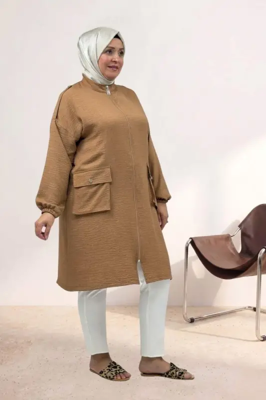63014 Plus Size Shoulder Epaulette Detailed Melange Linen Coat - Tan - 3