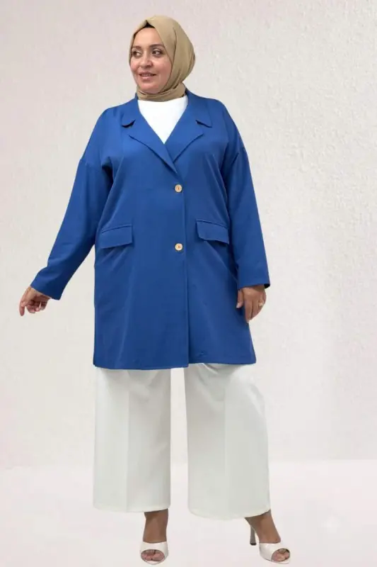 63015-1 Büyük Beden Mostralı Blazer Ceket - İndigo - BÜYÜKBEDENIZ