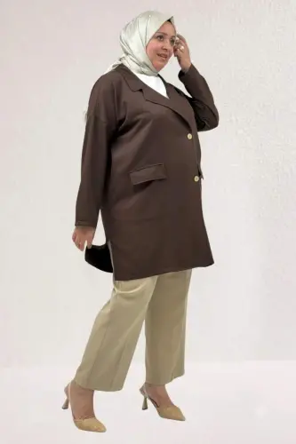 63015-1 Büyük Beden Mostralı Blazer Ceket - Kahve - BÜYÜKBEDENIZ (1)