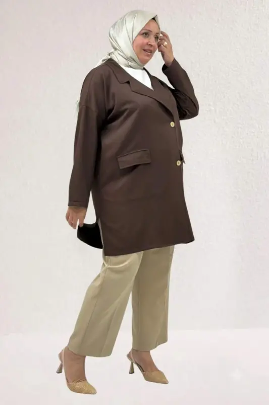 63015-1 Büyük Beden Mostralı Blazer Ceket - Kahve - 2