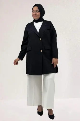 63015-1 Büyük Beden Mostralı Blazer Ceket - Siyah - 1