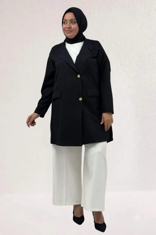 63015-1 Büyük Beden Mostralı Blazer Ceket - Siyah - BÜYÜKBEDENIZ