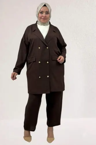 63015 Büyük Beden Mostralı Keten Blazer Ceket - Kahve - 1