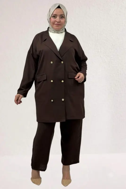 63015 Büyük Beden Mostralı Keten Blazer Ceket - Kahve - 1