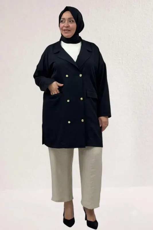 63015 Büyük Beden Mostralı Keten Blazer Ceket - Siyah - BÜYÜKBEDENIZ