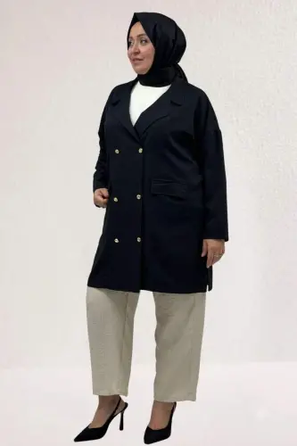 63015 Büyük Beden Mostralı Keten Blazer Ceket - Siyah - BÜYÜKBEDENIZ (1)