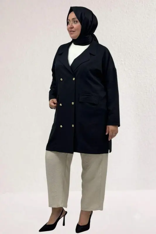 63015 Büyük Beden Mostralı Keten Blazer Ceket - Siyah - 2