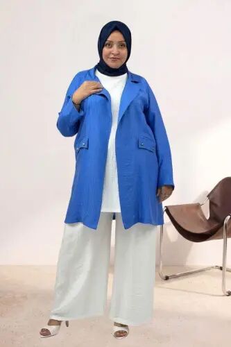 63016 Büyük Beden Mostralı Blazer Double Tensel Ceket - İndigo - 2