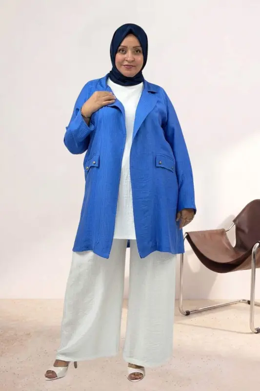 63016 Büyük Beden Mostralı Blazer Double Tensel Ceket - İndigo - 2
