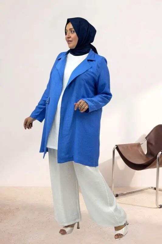63016 Büyük Beden Mostralı Blazer Double Tensel Ceket - İndigo - BÜYÜKBEDENIZ