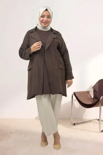 63016 Büyük Beden Mostralı Blazer Double Tensel Ceket - Kahve - BÜYÜKBEDENIZ (1)