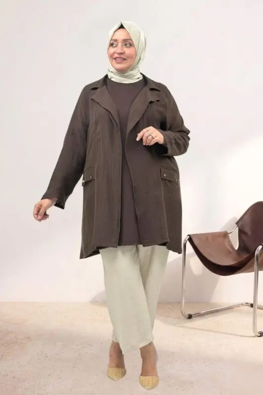 63016 Büyük Beden Mostralı Blazer Double Tensel Ceket - Kahve - 1