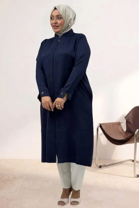 63017 Plus Size Full-Length Zippered Melange Linen Coat - Navy Blue - 1