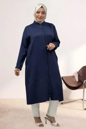63017 Plus Size Full-Length Zippered Melange Linen Coat - Navy Blue - BÜYÜKBEDENIZ (1)