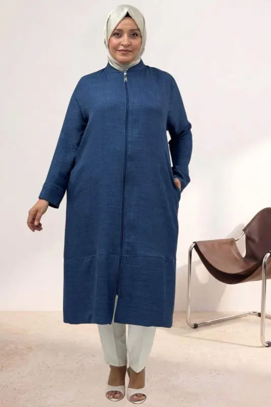 63017 Plus Size Full-Zip Melange Linen Coat - Indigo - 1