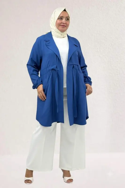 63018 Büyük Beden Bağlamalı Nora Ceket - İndigo - BÜYÜKBEDENIZ