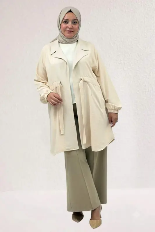 63018 Plus Size Tie-Up Nora Jacket - Beige - BÜYÜKBEDENIZ
