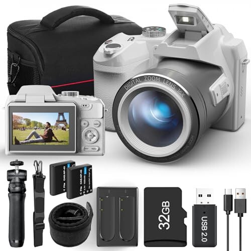 64MP Digital Cameras for Photography Autofocus, 4K vlogging Camera for YouTube with Strap & Tripod, 16X Anti-Shake Compact Travel Camera with WiFi & App Control, SD Card, 2 Batteries - 1