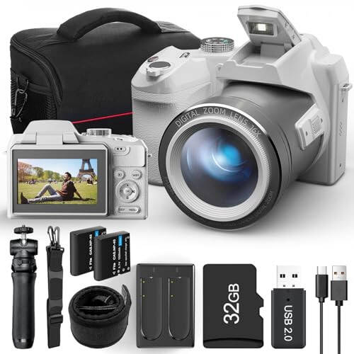 64MP Digital Cameras for Photography Autofocus, 4K vlogging Camera for YouTube with Strap & Tripod, 16X Anti-Shake Compact Travel Camera with WiFi & App Control, SD Card, 2 Batteries - 1