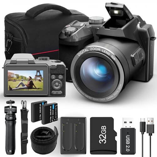 64MP Digital Cameras for Photography Autofocus, 4K vlogging Camera for YouTube with Strap&Tripod, 16X Anti-Shake Compact Travel Camera with WiFi & App Control, SD Card, 2 Batteries - 1