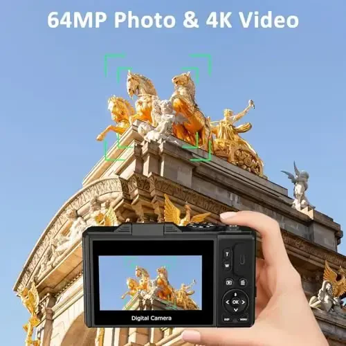 64MP Fotosurat va video uchun raqamli kamera: YouTube uchun 4K Vlogging kamerasi 3 dyuymli buriladigan ekran va 32GB TF karta, sovg'a uchun 16X raqamli zumli raqamli kamera (qora) - 2