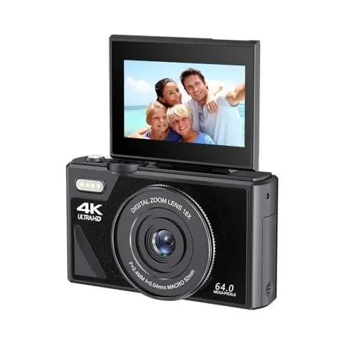 64MP Fotosurat va video uchun raqamli kamera: YouTube uchun 4K Vlogging kamerasi 3 dyuymli buriladigan ekran va 32GB TF karta, sovg'a uchun 16X raqamli zumli raqamli kamera (qora) - 1