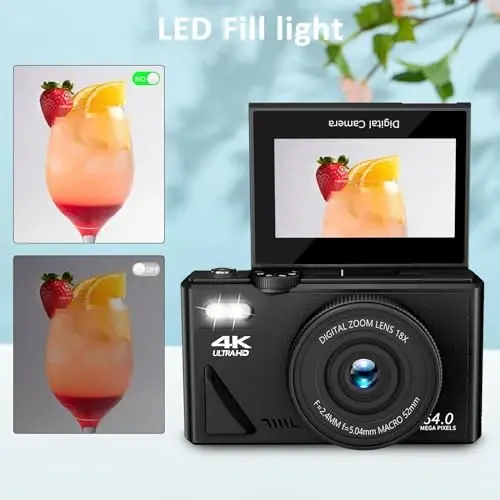 64MP Fotosurat va video uchun raqamli kamera: YouTube uchun 4K Vlogging kamerasi 3 dyuymli buriladigan ekran va 32GB TF karta, sovg'a uchun 16X raqamli zumli raqamli kamera (qora) - 4