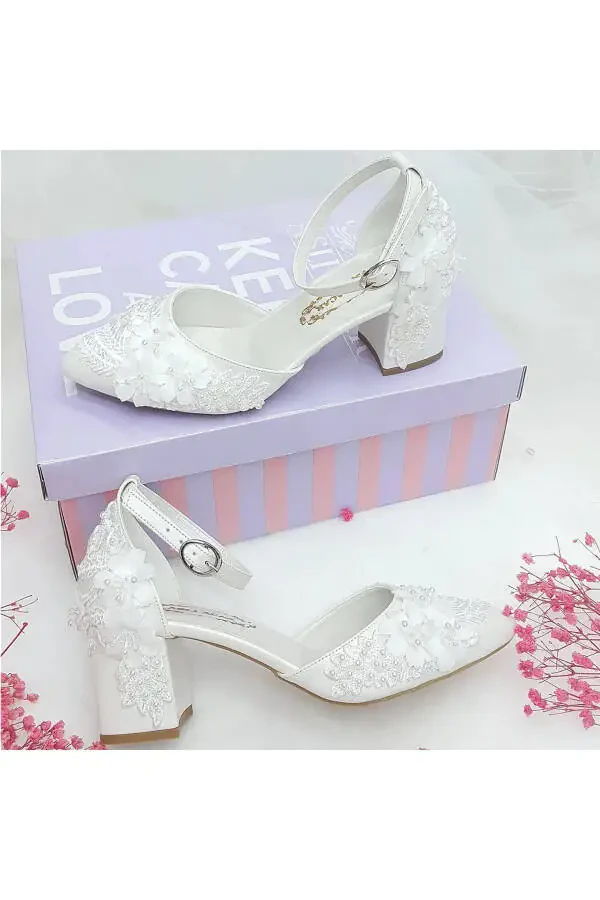 6,5 Cm Topuklu Dantel Tasarım Az Eğimli Rahat Stiletto Gelin Ayakkabısı Aslı Acar - 1