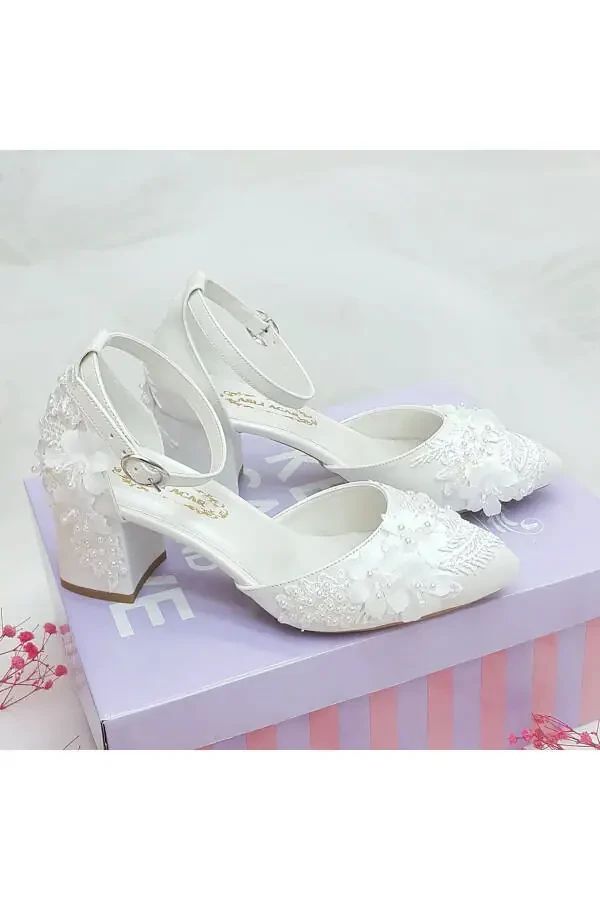 6,5 Cm Topuklu Dantel Tasarım Az Eğimli Rahat Stiletto Gelin Ayakkabısı Aslı Acar - 4