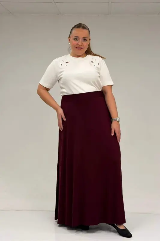 65001 Büyük Beden Basic Penye Etek - Bordo - 1