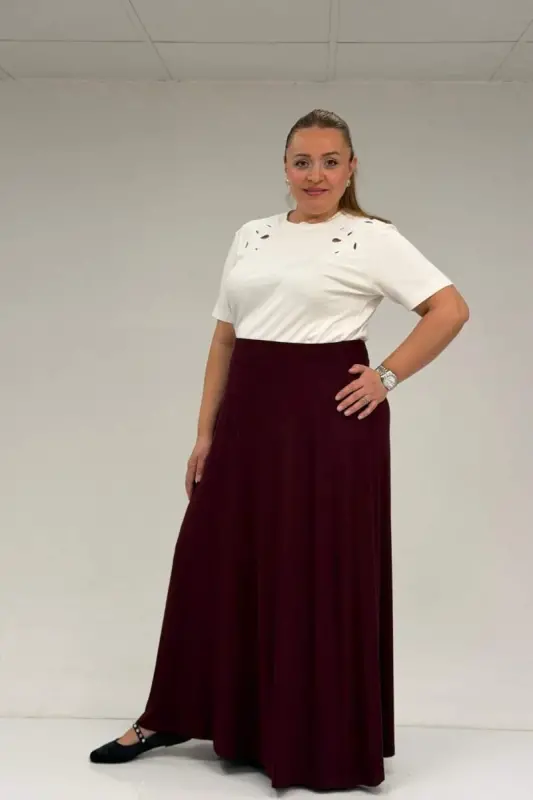 65001 Büyük Beden Basic Penye Etek - Bordo - 2