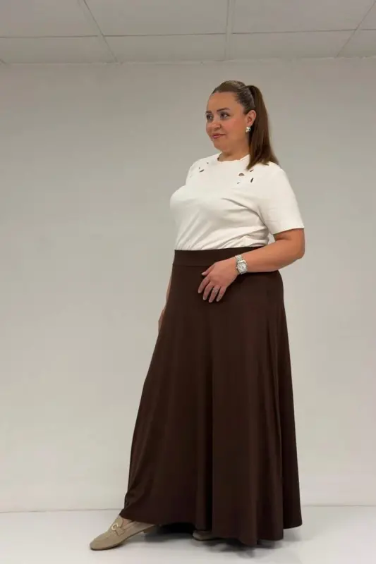 65001 Büyük Beden Basic Penye Etek - Kahve - 1
