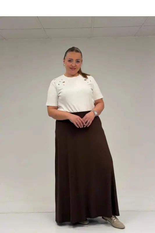 65001 Büyük Beden Basic Penye Etek - Kahve - 2