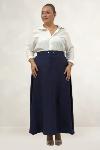 65004 Plus Size Self-Belted Buttoned Melange Skirt - Navy Blue - 1