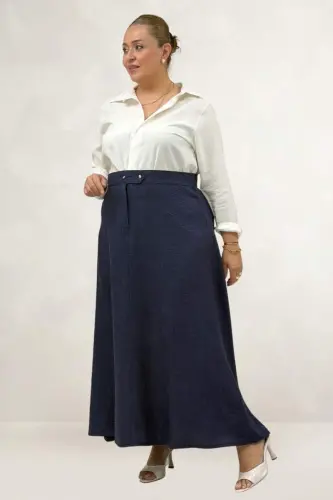 65004 Plus Size Self-Belted Buttoned Melange Skirt - Navy Blue - BÜYÜKBEDENIZ (1)