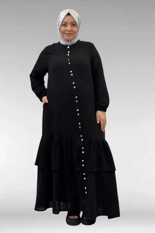 66002 Katta o‘lchamli, etagi burmali, yenglari rezinali muslin faraja - Qora - 1