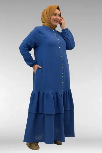 66002 Plus Size Frilly Skirt Elastic Sleeve Muslin Abaya - Indigo - 1