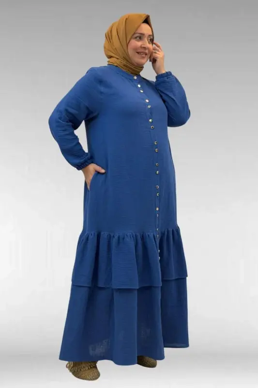 66002 Plus Size Frilly Skirt Elastic Sleeve Muslin Abaya - Indigo - BÜYÜKBEDENIZ