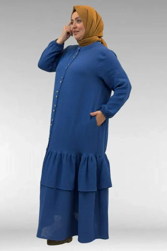 66002 Plus Size Frilly Skirt Elastic Sleeve Muslin Abaya - Indigo - 2