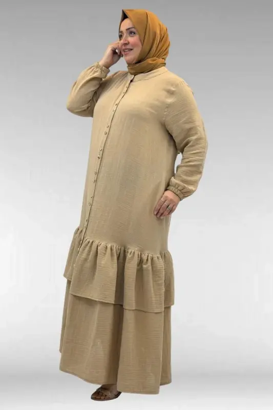 66002 Plus Size Muslin Abaya with Ruffled Skirt and Elastic Cuffs - Beige - 2