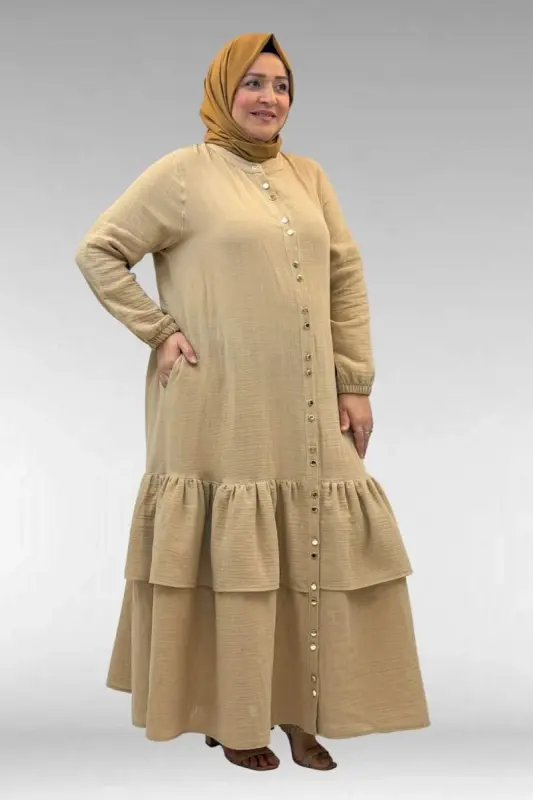 66002 Plus Size Muslin Abaya with Ruffled Skirt and Elastic Cuffs - Beige - BÜYÜKBEDENIZ