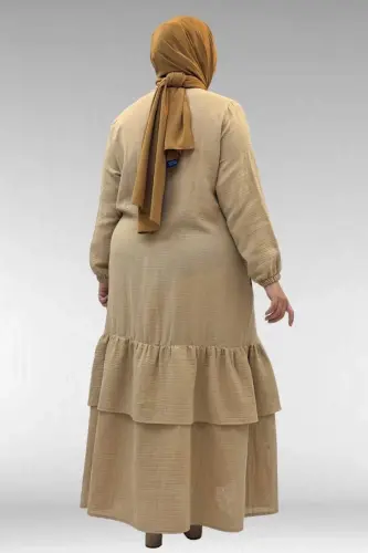 66002 Plus Size Muslin Abaya with Ruffled Skirt and Elastic Cuffs - Beige - 3