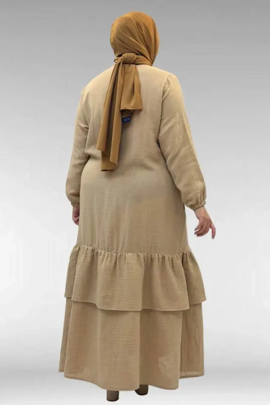 66002 Plus Size Muslin Abaya with Ruffled Skirt and Elastic Cuffs - Beige - 3