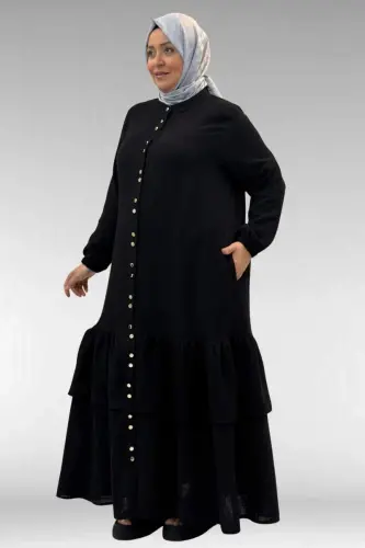 66002 Plus Size Muslin Abaya with Ruffled Skirt and Elastic Cuffs - Black - BÜYÜKBEDENIZ (1)